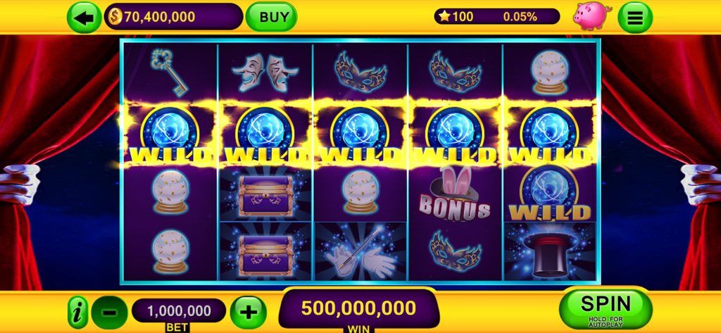 Slots Games: Vegas Slots - マジックをテーマにしたスロットマシンのビッグウィン。リールに5つのワイルドシンボルが表示されています。