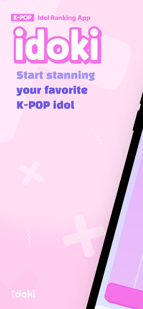 idoki K-POP 아이돌 랭킹 앱의 소개 화면, '좋아하는 K-POP 아이돌 팬 활동 시작'이라는 문구가 특징입니다.