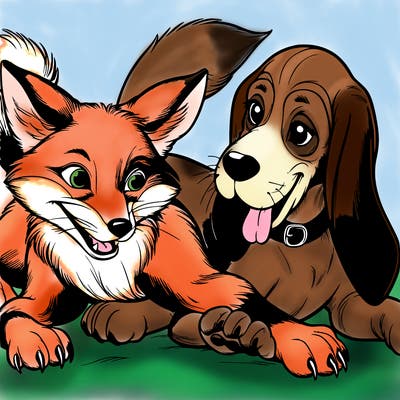 a fox and a hound dog playing together realistic