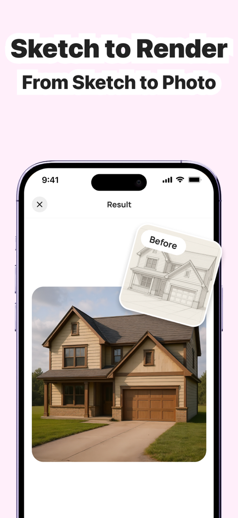 AI Home Remodel – Dekor - An architectural sketch of a house being converted into a realistic photo using AI.