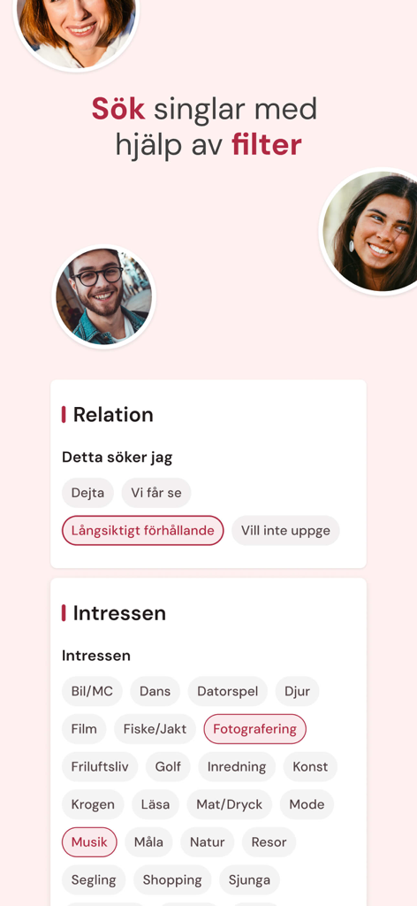 User interface of the Mötesplatsen dating app showing search filters for relationship types and personal interests