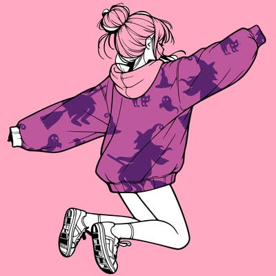 realistic girl jumping with a bun and oversized sweatshirt