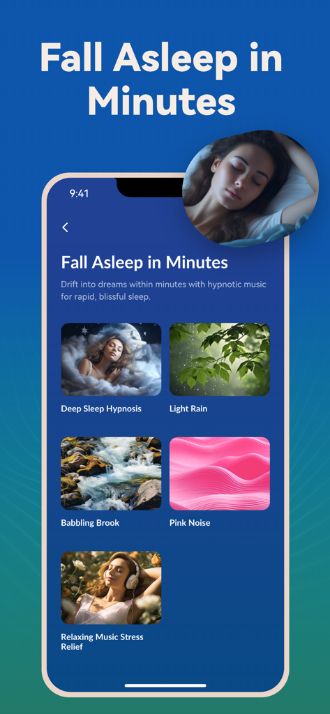 Una schermata dell'app mobile per l'App Sonora ADHD che mostra varie opzioni di suoni per dormire come rumore rosa e pioggia leggera sotto l'intestazione 'Addormentati in pochi minuti'.