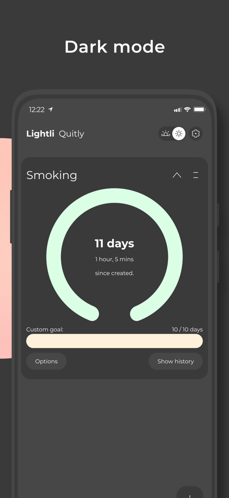 Quitly app interface in dark mode showing a smoking sobriety timer with an 11 day progress ring.