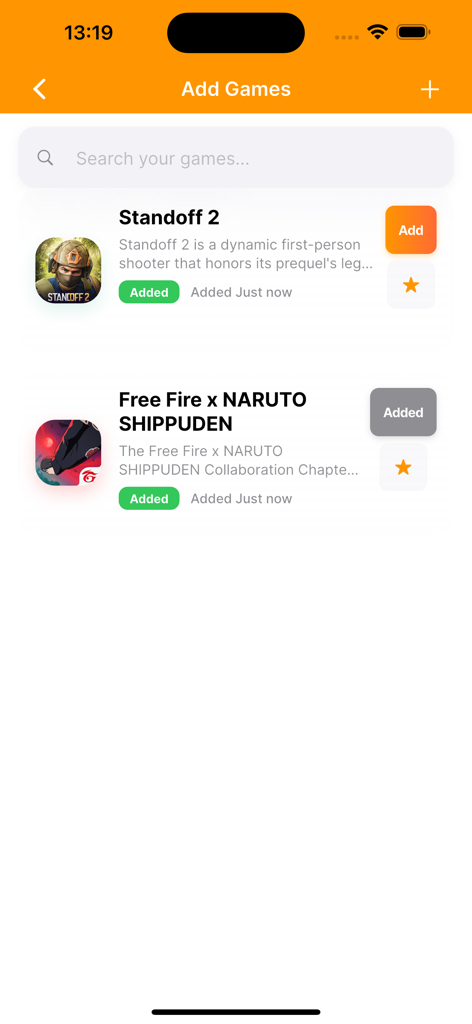 Panda Touch Pro app interface showing the Add Games screen with a list of mobile games like Standoff 2 and Free Fire.