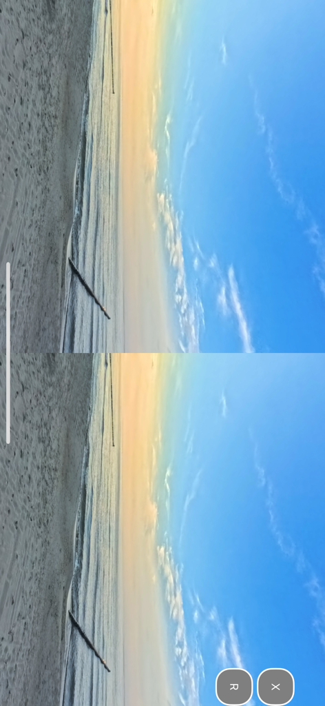 VR360 Player - Vista VR lado a lado de una playa costera al atardecer dentro de la interfaz de la aplicación VR360 Player.