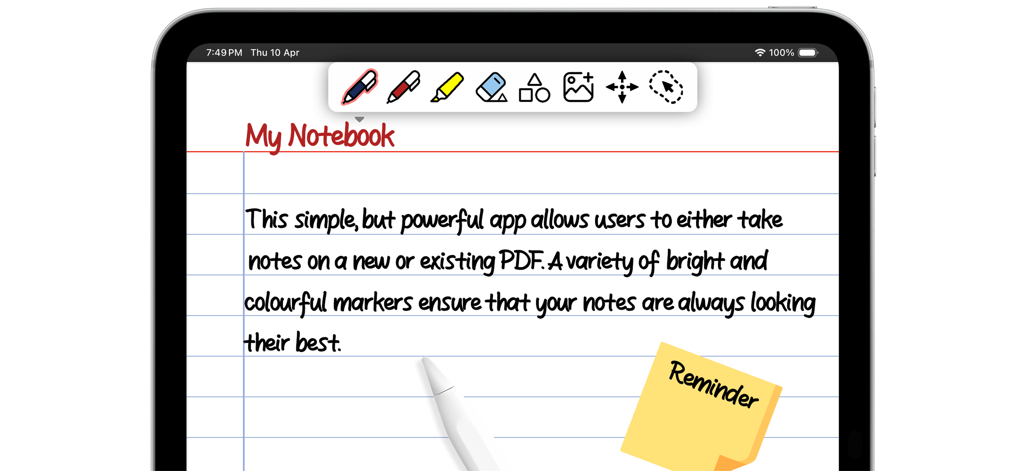 My Notebook - Interface of the My Notebook app on an iPad displaying digital handwritten notes and a toolbar