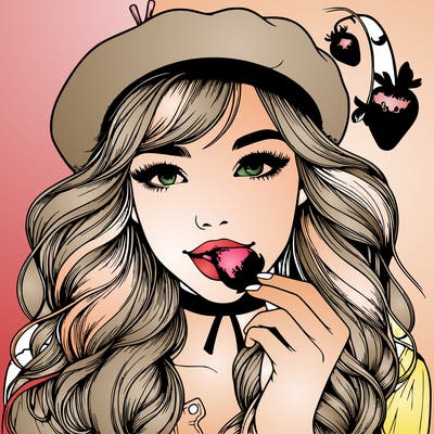 realistic girl with strawberry berrett and is eating a strawberry