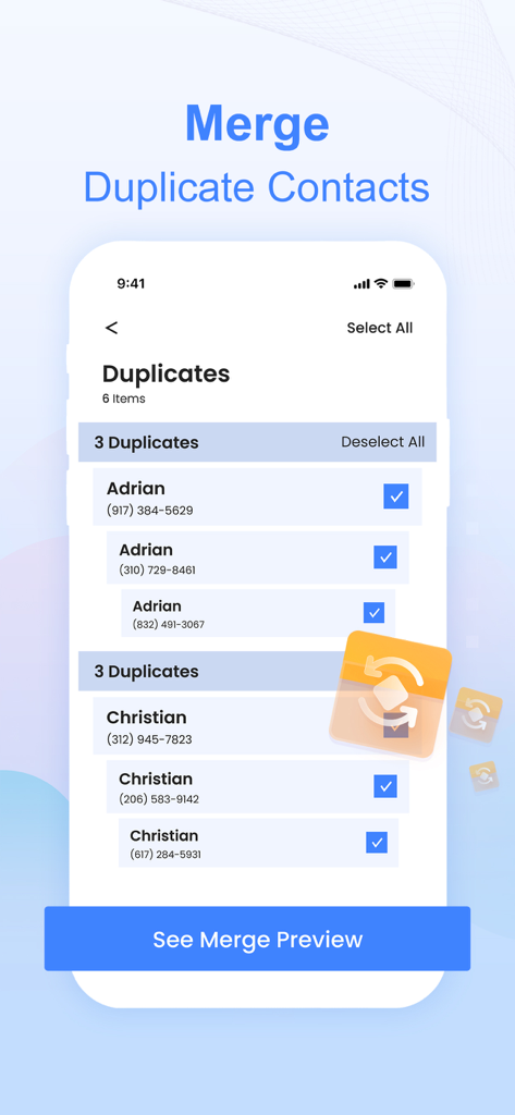Interfaz de la aplicación One Cleaner que muestra una lista de contactos duplicados seleccionados para fusionar.