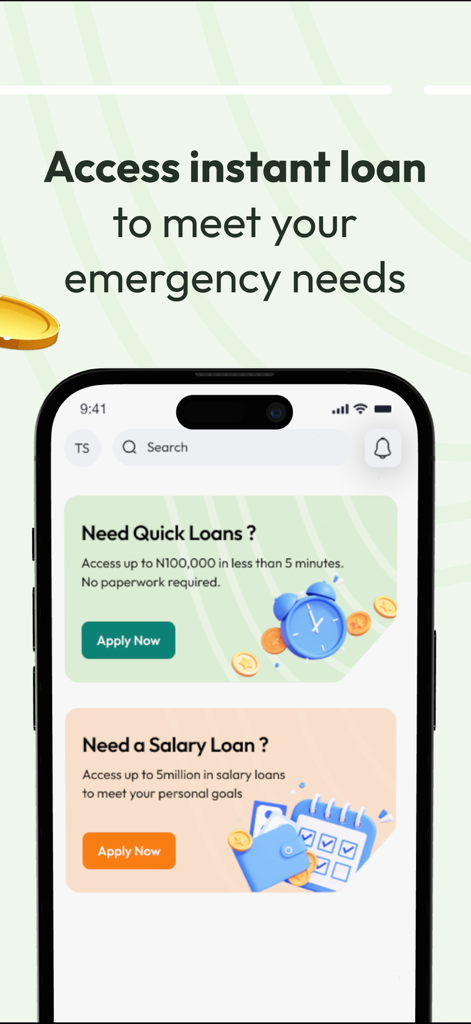 Zedvance: Loans & Bills - Zedvance mobile app screen displaying options for quick loans and salary loans with apply buttons