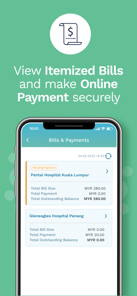 MyHealth360 app interface showing itemized hospital bills and secure online payment options for Pantai and Gleneagles hospitals