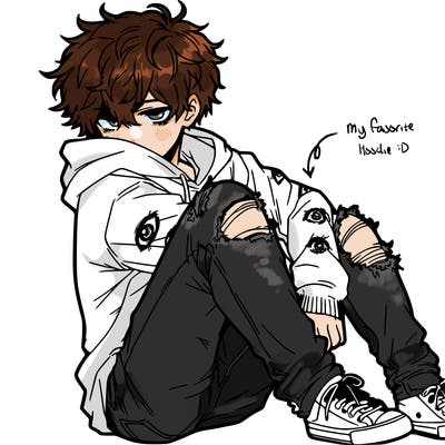 a male hoddie ripped jeans messy hair anime