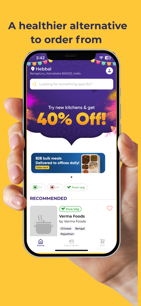 Homeal - Smartphone screen displaying the Homeal app interface with a 40 percent discount offer and home-style meal recommendations