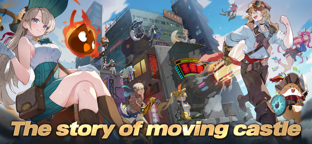 Anime characters from Fortress Saga AFK RPG in a city setting with the text The story of moving castle
