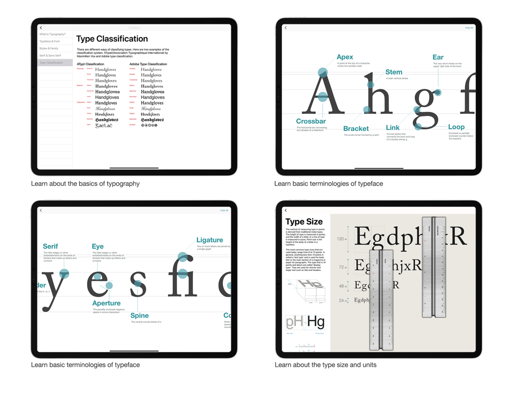 Typography Insight - Typography Insightの4つの画面で、フォント分類システム、文字の解剖学的図、およびタイプサイズ測定ツールを示している様子