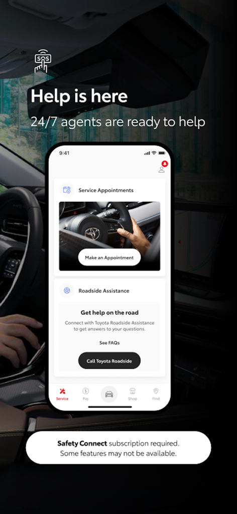 Toyota mobile app screen for scheduling service and requesting 24/7 roadside assistance.