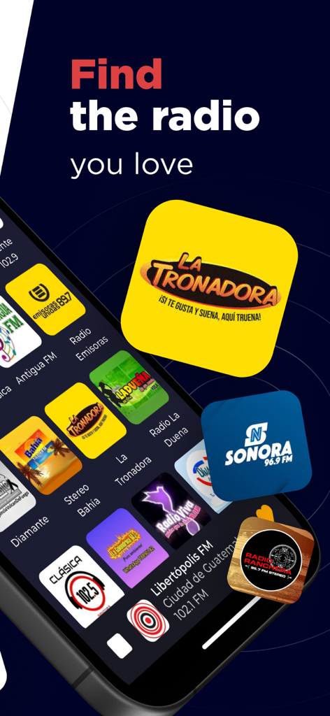 A smartphone screen displaying a grid of various Guatemalan radio station logos like Sonora and La Tronadora.