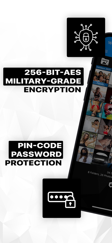 LockMyPix Secret Photo Vault - LockMyPix app interface highlighting 256-bit AES military-grade encryption and PIN-code password protection features
