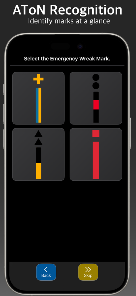 A quiz screen in the Master-Nav app asking the user to identify an Emergency Wreck Mark among four maritime buoy options.