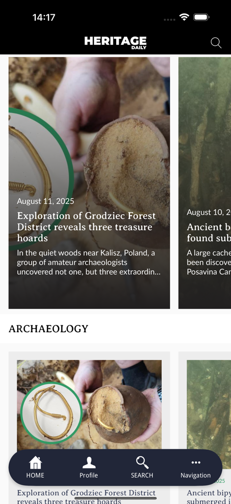 HeritageDaily Magazine - HeritageDaily Magazine mobile app interface displaying latest archaeology news and research articles