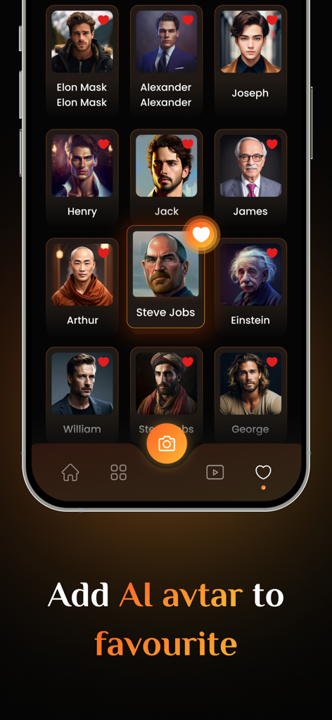 Selection grid of celebrity AI avatars in the LipSync app with a focus on adding characters to favorites