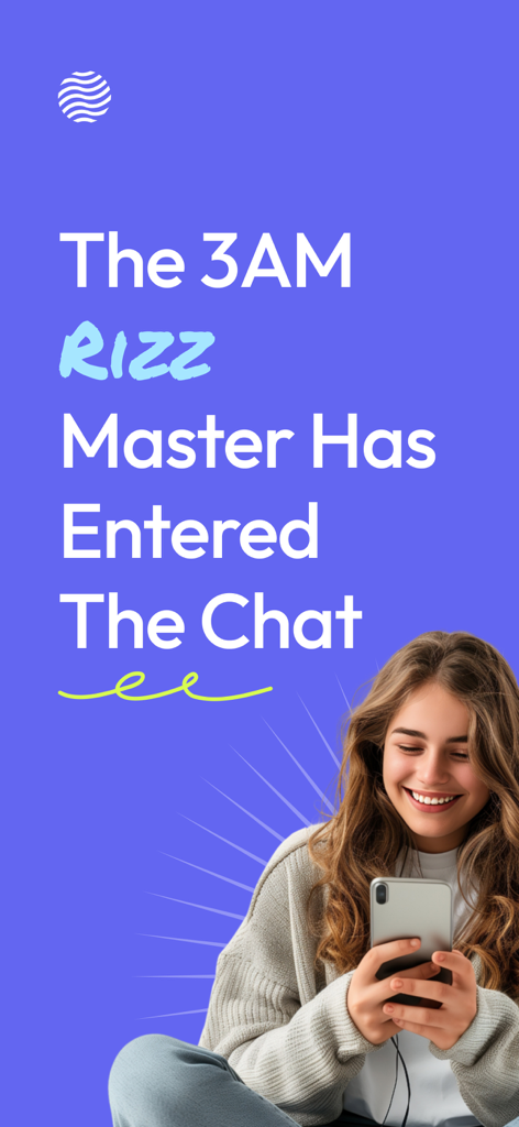 Rizz AI: Dating Chat Assistant - Una joven sonriente mirando su smartphone con el titular El Cómplice de las 3 AM Ha Entrado en el Chat
