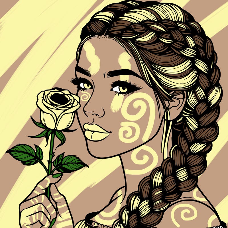 realistic woman with braids holding a single rose