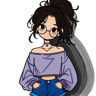 girl with a messy ponytail glasses a baggy crop top and jean shorts