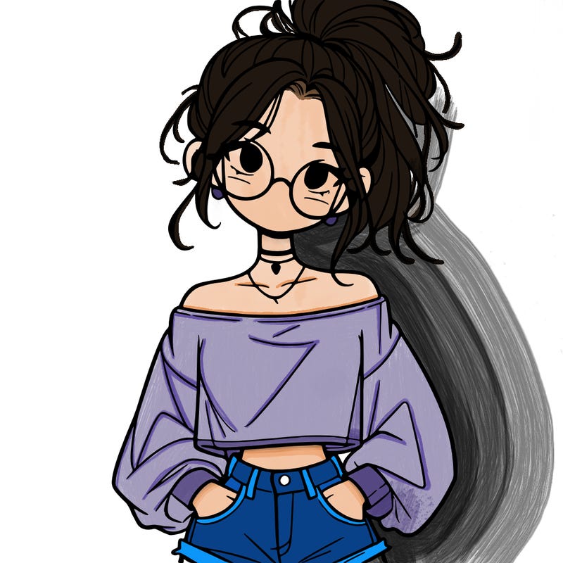 girl with a messy ponytail glasses a baggy crop top and jean shorts