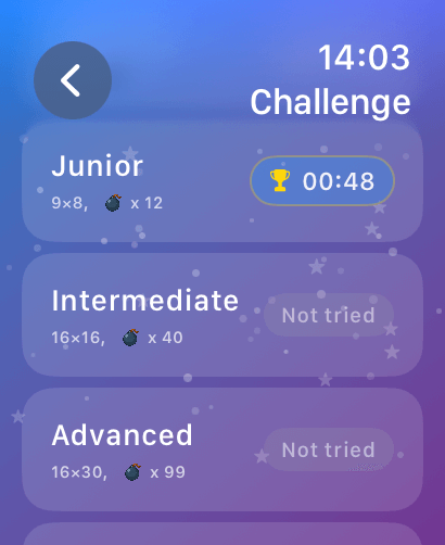 MineSweeper Blast: Watch game - Challenge mode screen of MineSweeper Blast showing Junior Intermediate and Advanced difficulty levels