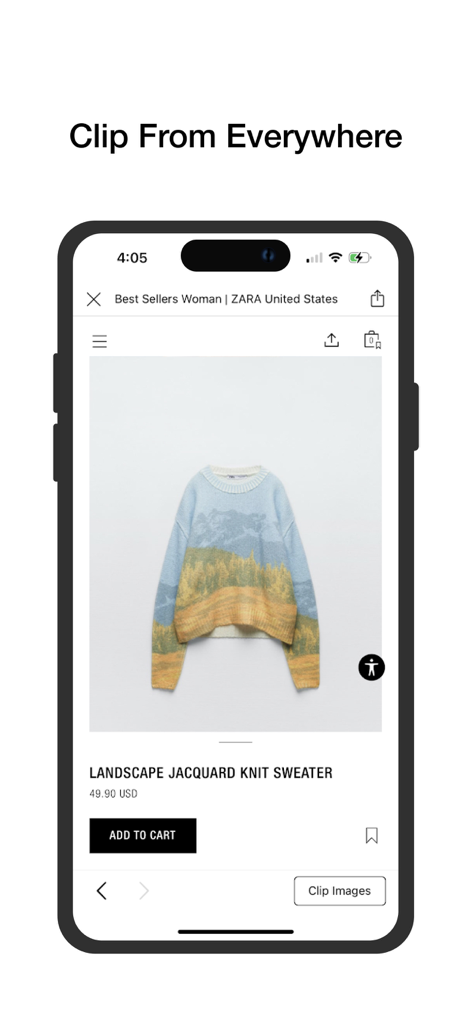 Smart Closet app interface showing how to clip a Zara sweater from an online store into a digital wardrobe