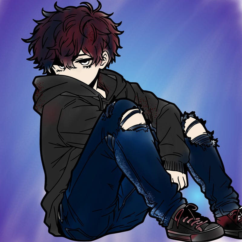 a male hoddie ripped jeans messy hair anime