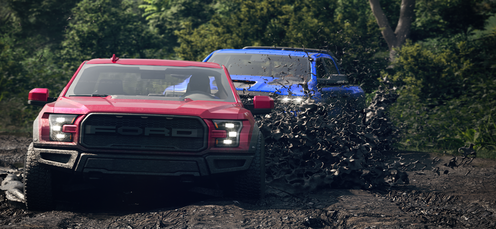 Top Drives - Car Race Battles - A red Ford Raptor and blue pickup truck racing through deep mud on an offroad forest track