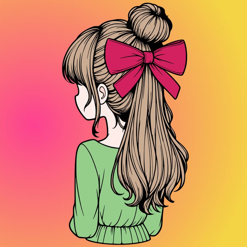 realistic girl  with hip length hair a bun and a big bow on the back of head