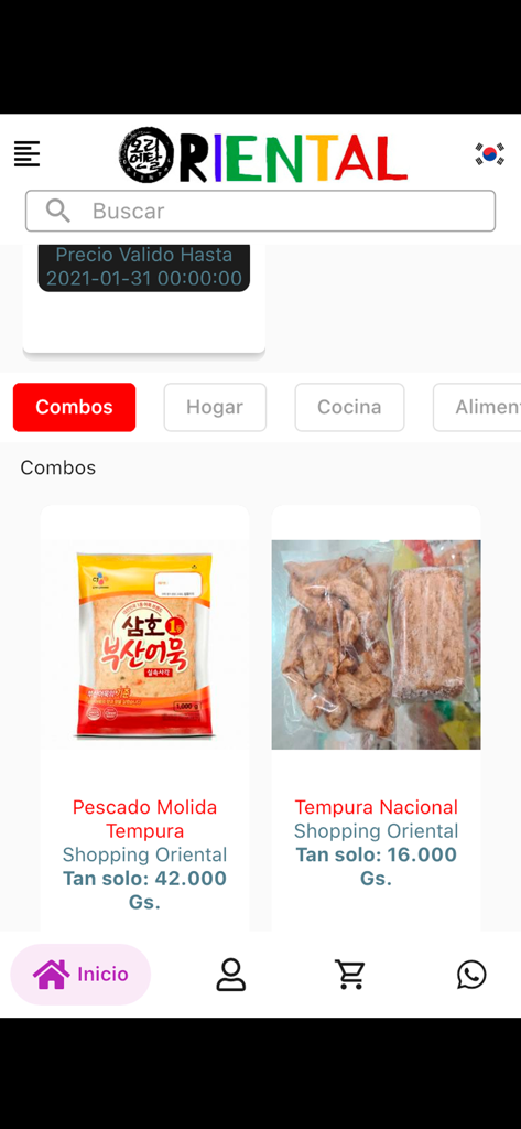 Shopp Oriental - Interfaz de la app Shopp Oriental mostrando una categoría de combos de comida coreana y listados de productos con precios.