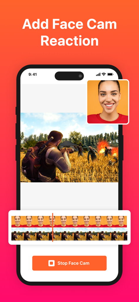 Screen Recorder with Audio - iPhone che mostra una registrazione dello schermo di un gioco di zombi con una sovrapposizione di reazione della facecam e una timeline di editing video