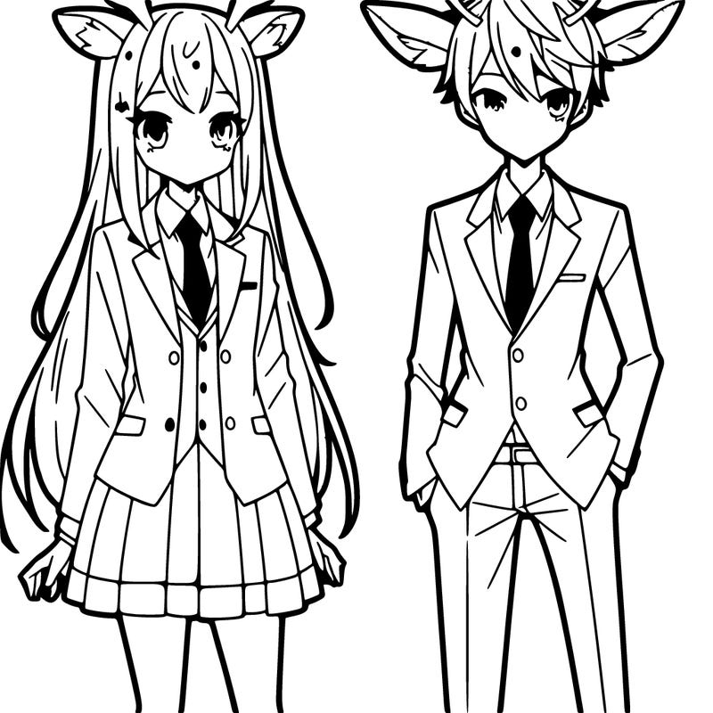 tall anime girl with deer ears wearing a suit and an anime guy wearing a suit