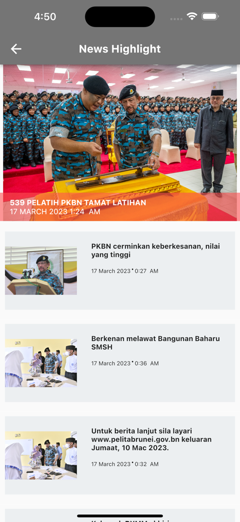 InfoDeptBN app News Highlight screen showing government news from Brunei.