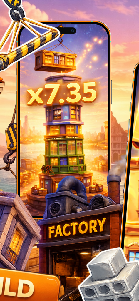 Energy Budget: Shape Wisely! - A colorful building tower under construction with a crane in the Energy Budget mobile app