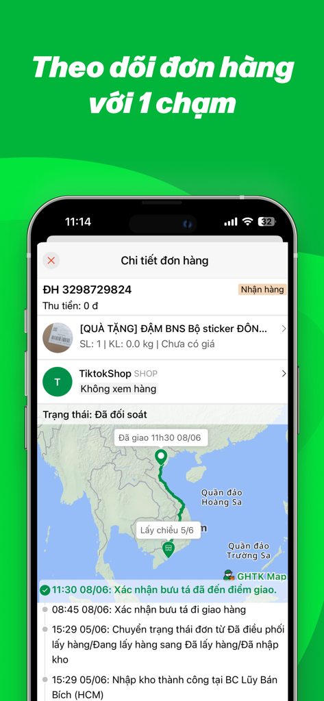 iGHTK & Tra cứu đơn hàng - iGHTK app interface displaying real time shipment progress and delivery status on a map of Vietnam