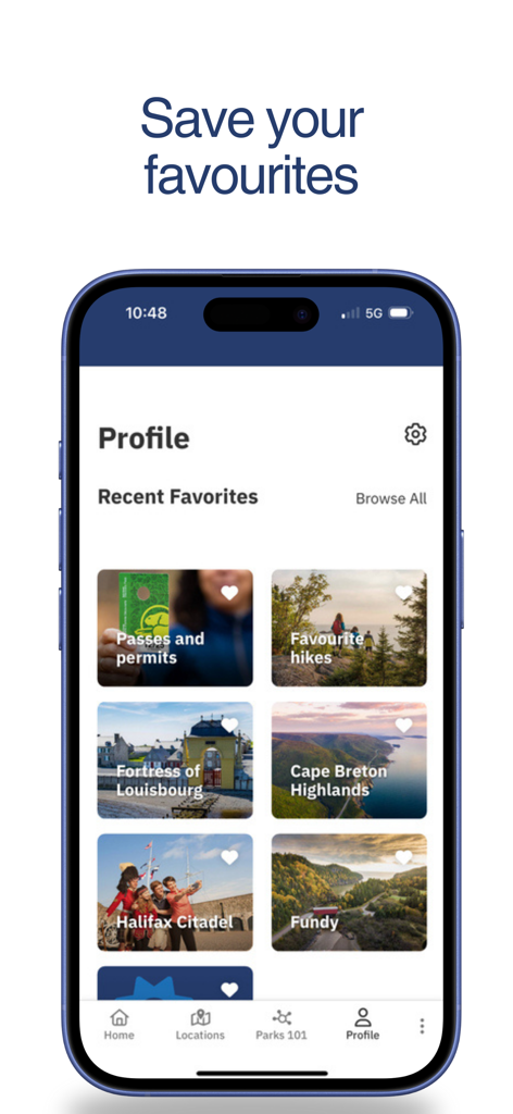 Parks Canada App - Ein Smartphone-Bildschirm, der die Profilseite der Parks Canada App mit einer Sammlung gespeicherter Lieblingsorte und Wanderwege zeigt.