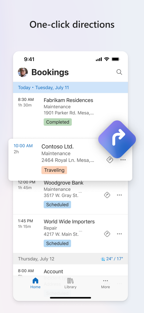 Dynamics 365 Field Service - Dynamics 365 Field Service App-Oberfläche zeigt eine Liste von Arbeitsbuchungen und eine Ein-Klick-Navigation an