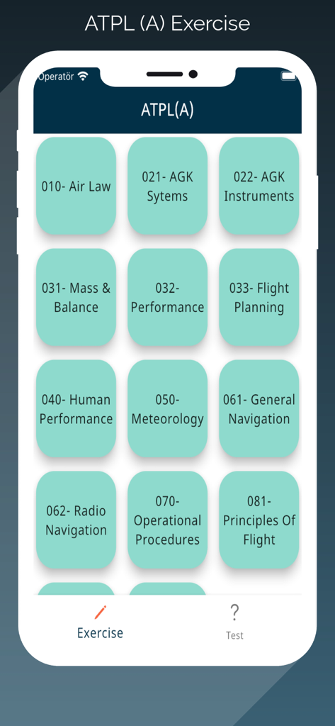 ATPL pilot training app exercise screen showing subjects like Air Law Meteorology and Flight Planning