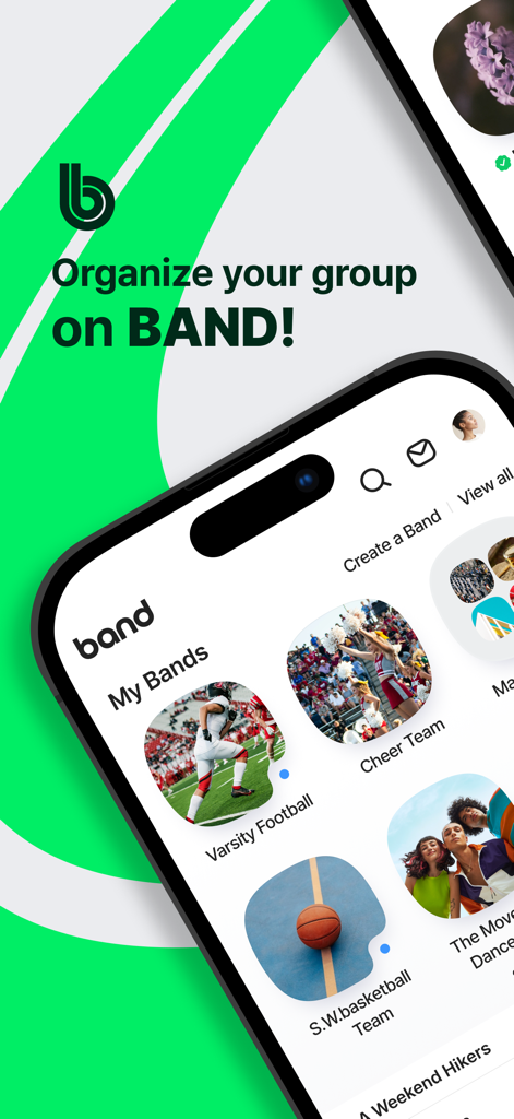 BAND app home screen showing organized group thumbnails for sports teams like football cheer and basketball