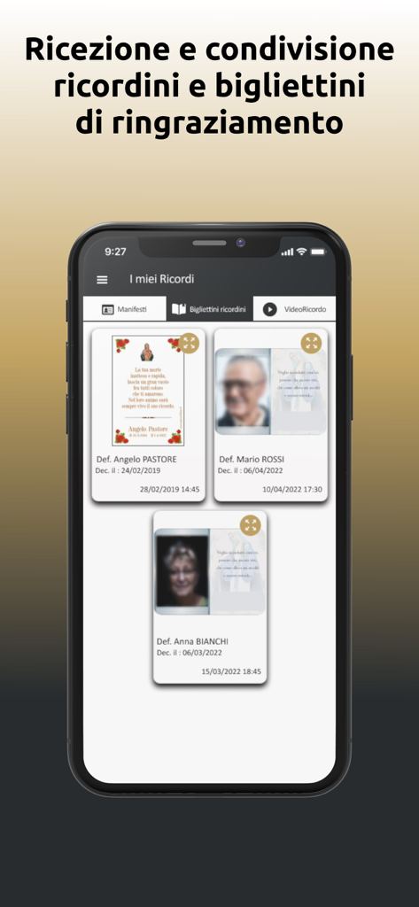 Solimano Funeral - Screenshot of the Solimano Funeral app displaying digital memorial cards and thank you notes on a mobile screen