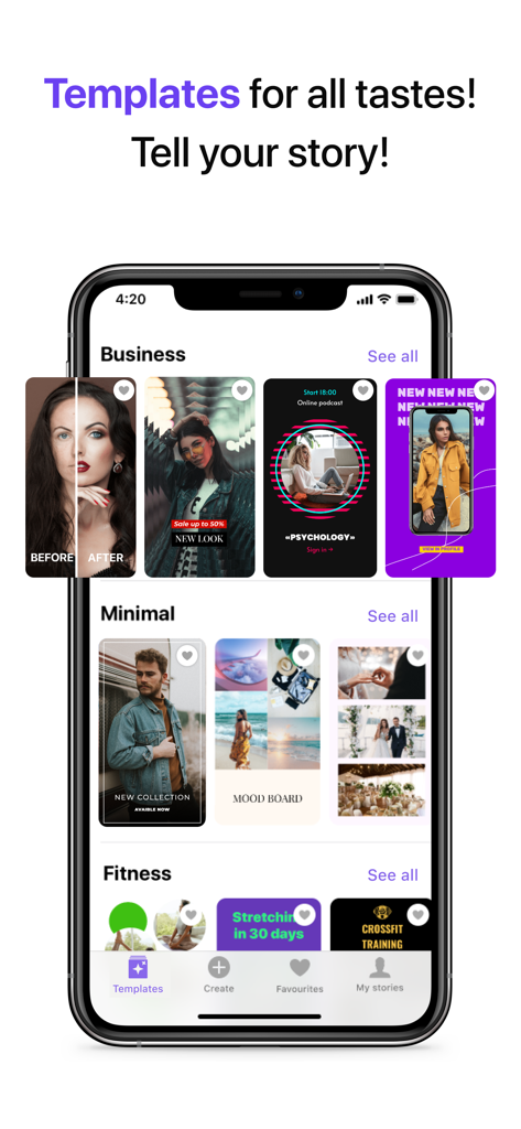 Story Templates & Reels Maker - iPhone screen displaying social media story templates for business, minimal, and fitness categories.