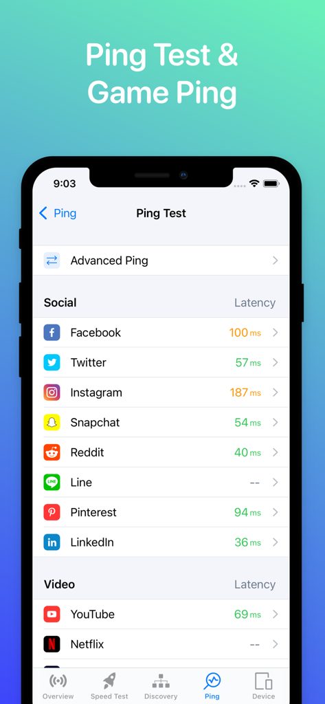 ソーシャルメディアやビデオアプリのレイテンシ測定値を示すpingテスト画面を表示するWifi Analyzerアプリのスクリーンショット