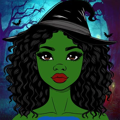 realistic black girl with wavy hair and witch hat and nose and lips