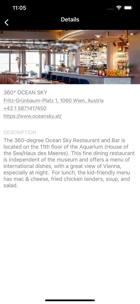 AXUS - Details screen of the AXUS Travel App showing restaurant information and address for a curated trip in Vienna