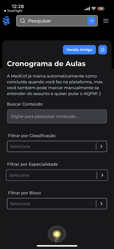 MedCof Aulas - MedCof Aulas mobile app screen showing the lesson schedule search and filter options by specialty and block.